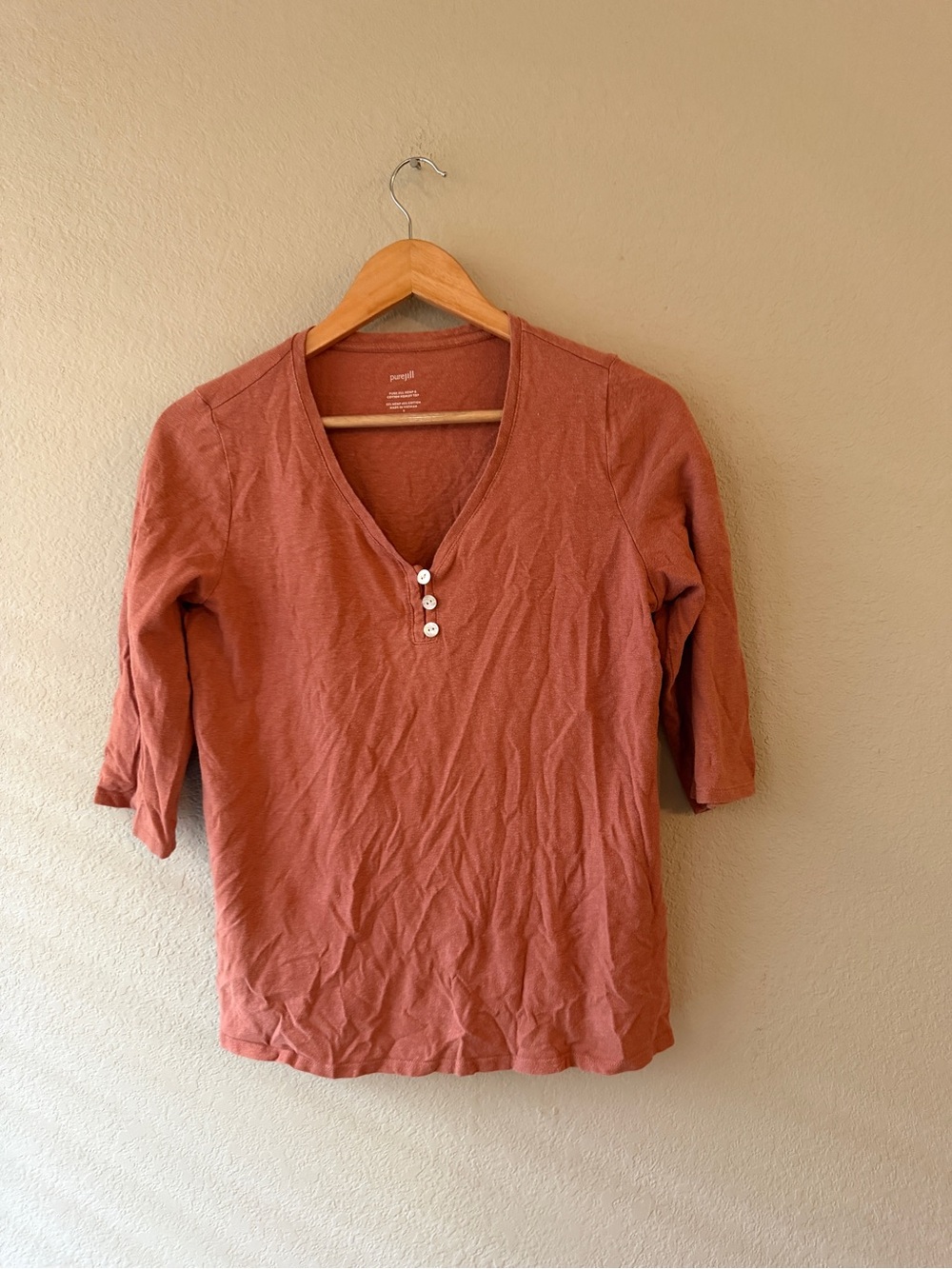 J. Jill PureJill Women's Rust Henley Three-Quarter Sleeve Top Hemp & Cotton S